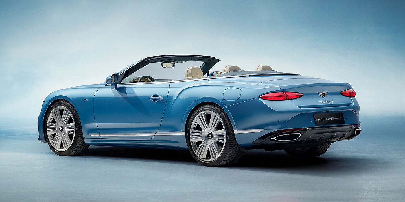 Bentley Riga New Bentley Continental GTC Azure convertible rear view in Light Windsor blue paint with 22 inch ten spoke wheels and chrome exterior details