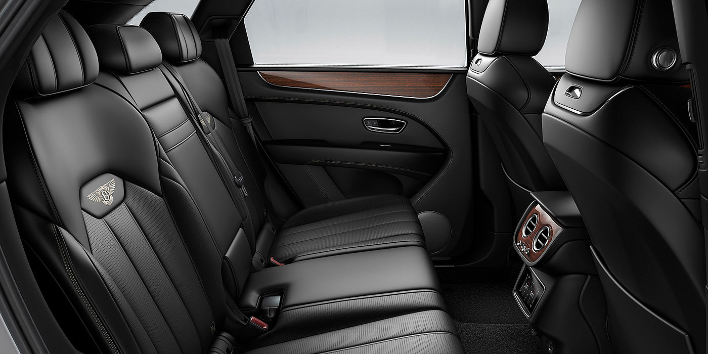 Bentley Riga Bentey Bentayga interior view for rear passengers with Beluga black hide.