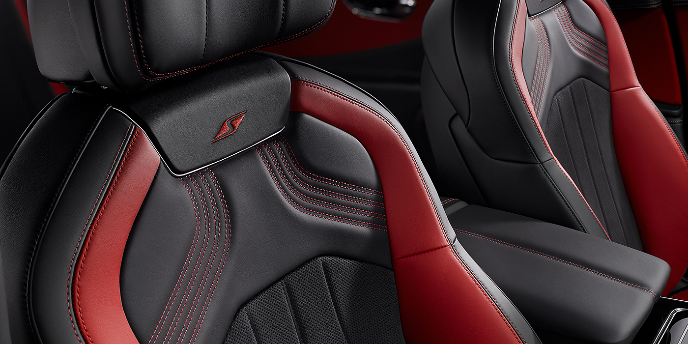 Bentley Riga Bentley Flying Spur S seat in Beluga black and \hotspur red hide with S emblem stitching