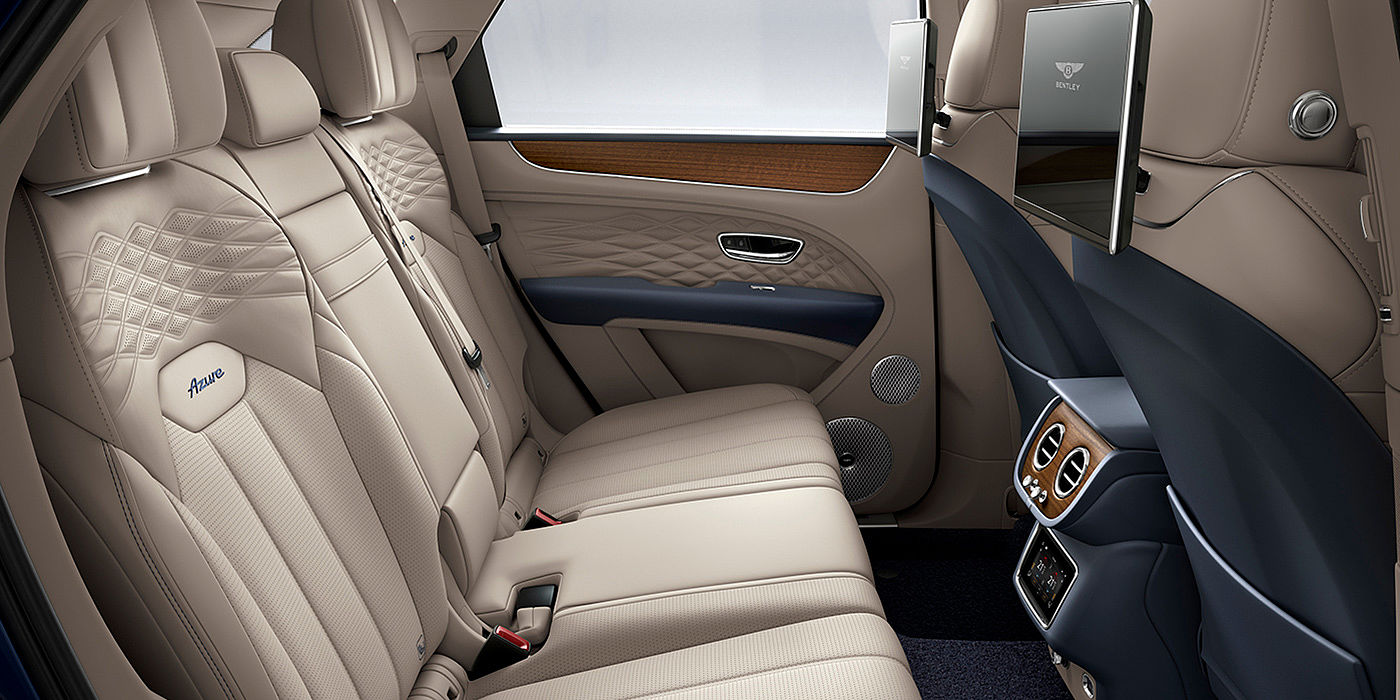 Bentley Riga Bentey Bentayga Azure interior view for rear passengers with Portland hide and Rear Seat Entertainment. 