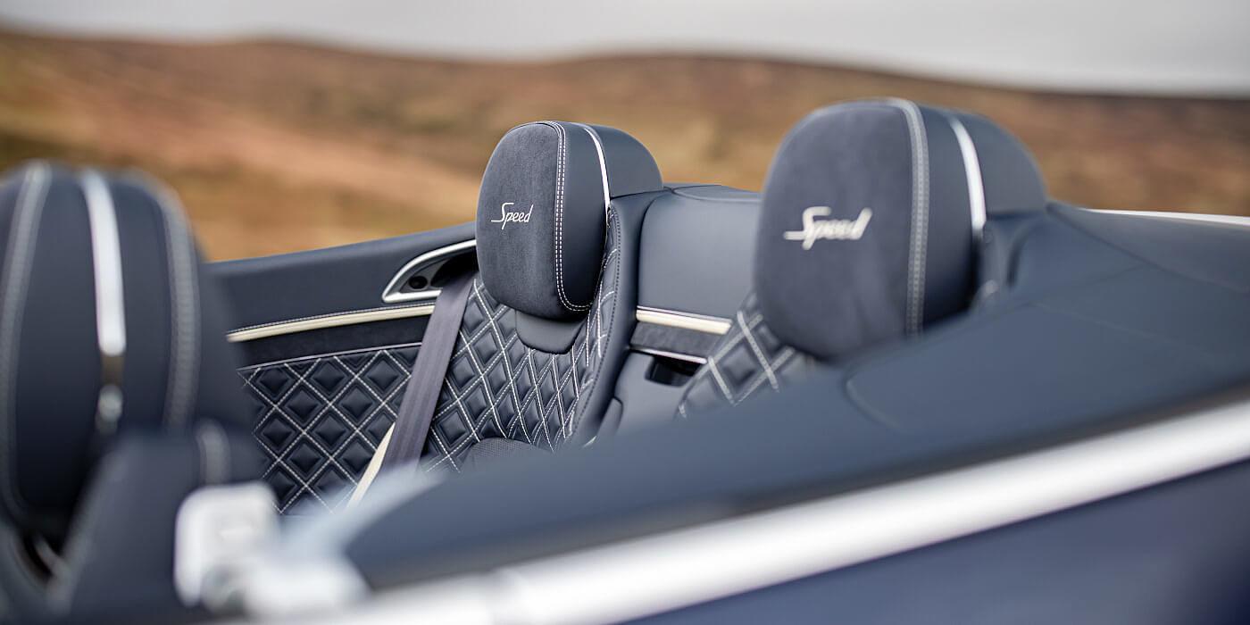 Bentley Riga Bentley Continental GTC Speed convertible rear interior in Imperial Blue and Linen hide