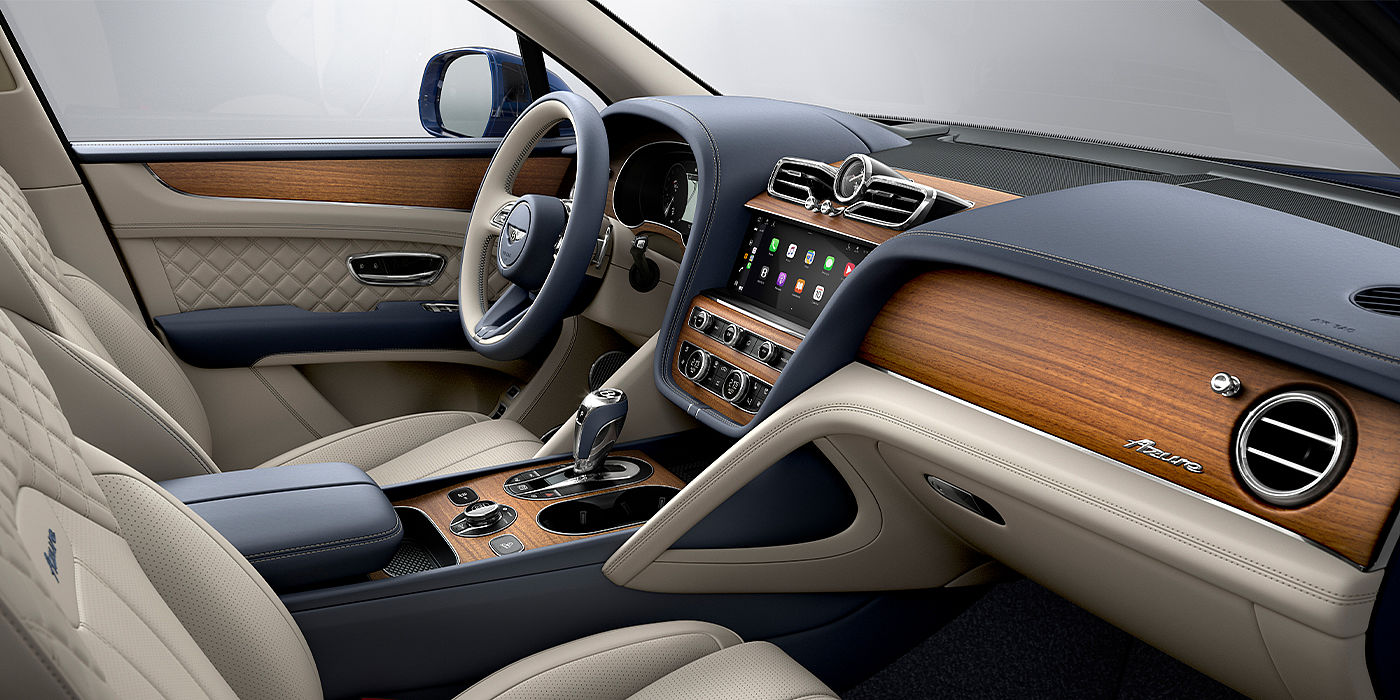 Bentley Riga Bentley Bentayga Azure SUV front interior in Imperial Blue and Linen hide