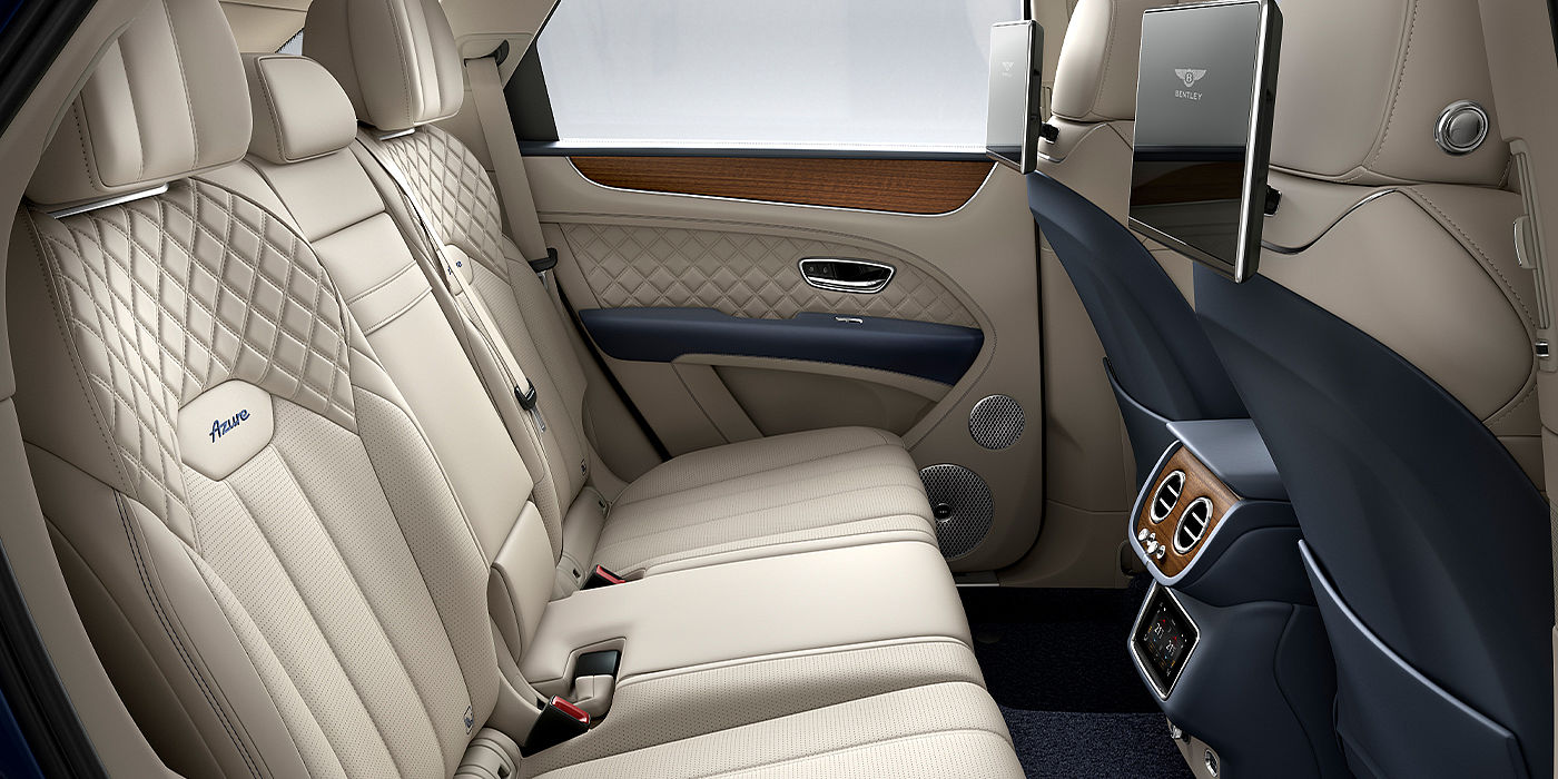 Bentley Riga Bentley Bentayga Azure SUV rear interior in Imperial Blue and Linen hide