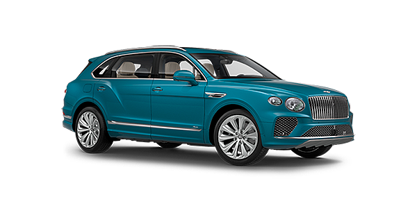 Bentley Riga Bentley Bentayga EWB Azure front side angled view in Topaz blue coloured exterior. 
