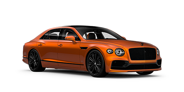 Bentley Riga Bentley Flying Spur Speed front side angled view in Orange Flame coloured exterior. 