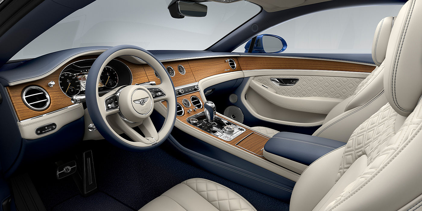 Bentley Riga Bentley Continental GT Azure coupe front interior in Imperial Blue and linen hide
