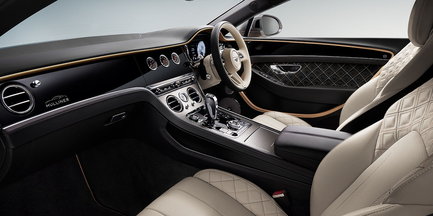 Bentley Riga Bentley Continental GT Mulliner coupe front interior in Beluga black and Linen hide